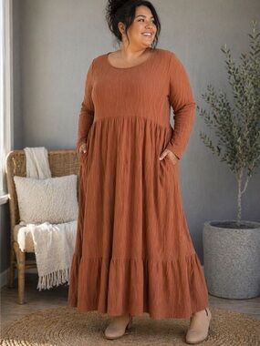 BloomChic Textured Tiered Dress Rust Orange Plus Size 28 Boho Casual